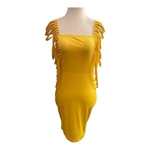 CBR Yellow Bodycon Dress Cutout Ladder Strap Open Back Midi NWT SZ L